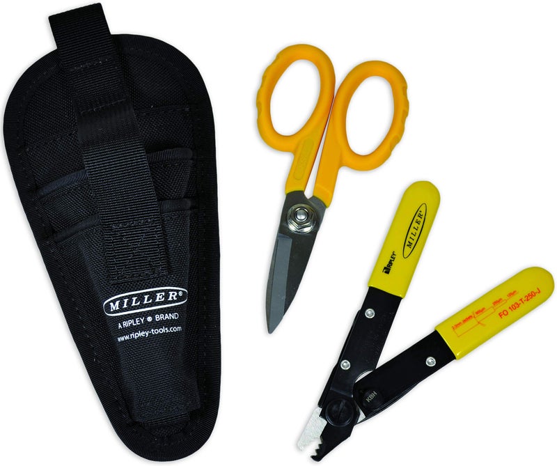 Miller MA01-7000 Kit, FO 103-T-250-J 3-Hole Fiber Optic Cable Stripping Tool and KS-1 Kevlar Scissors, Easily Portable Tool Set with Belt Clip Pouch for Professionals - Image 1
